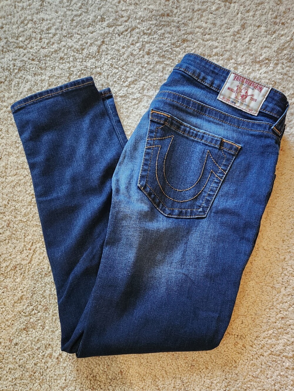 True Religion Women's Dark Blue Curvy Distressed Capri Jeans - Size 33